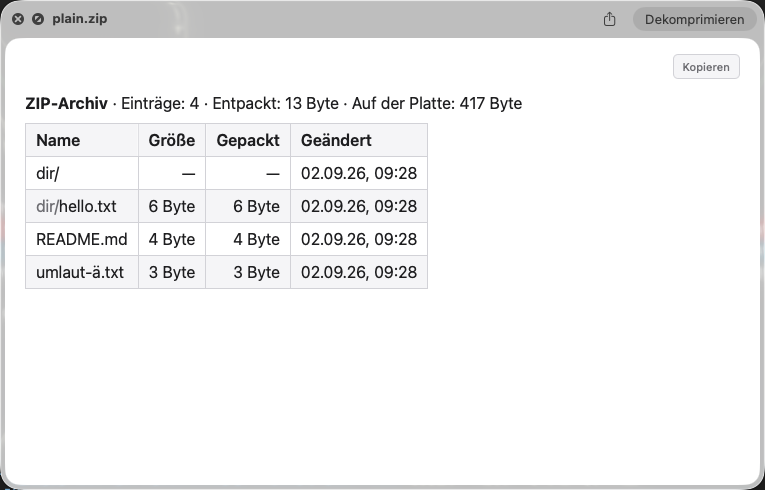Quick-Look-Vorschau einer ZIP-Datei im Finder: eine Tabelle mit Pfad, Größe, gepackter Größe und Datum je Eintrag