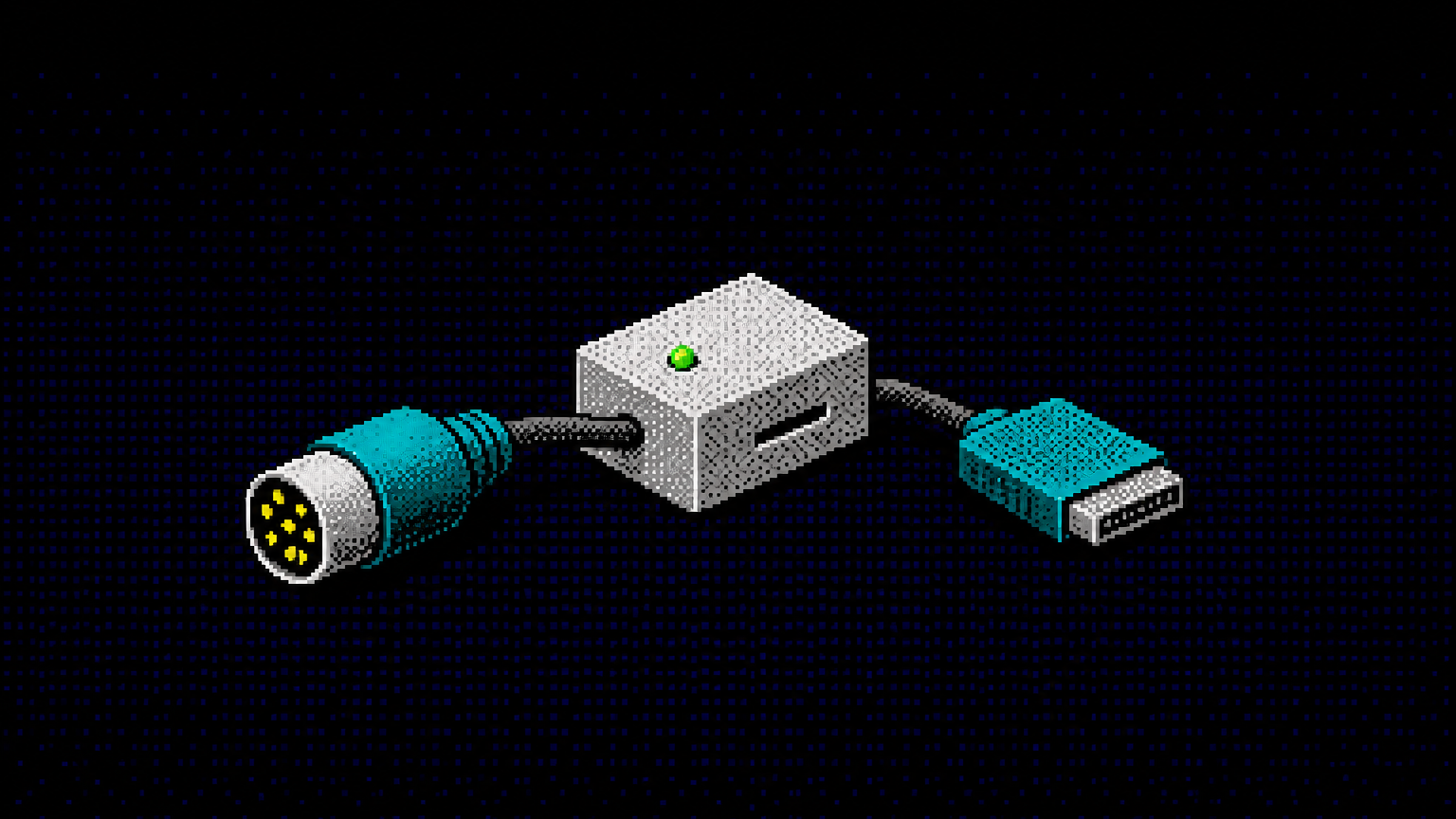 Pixelgrafik eines isometrischen Adapters, der einen runden und einen flachen Stecker verbindet