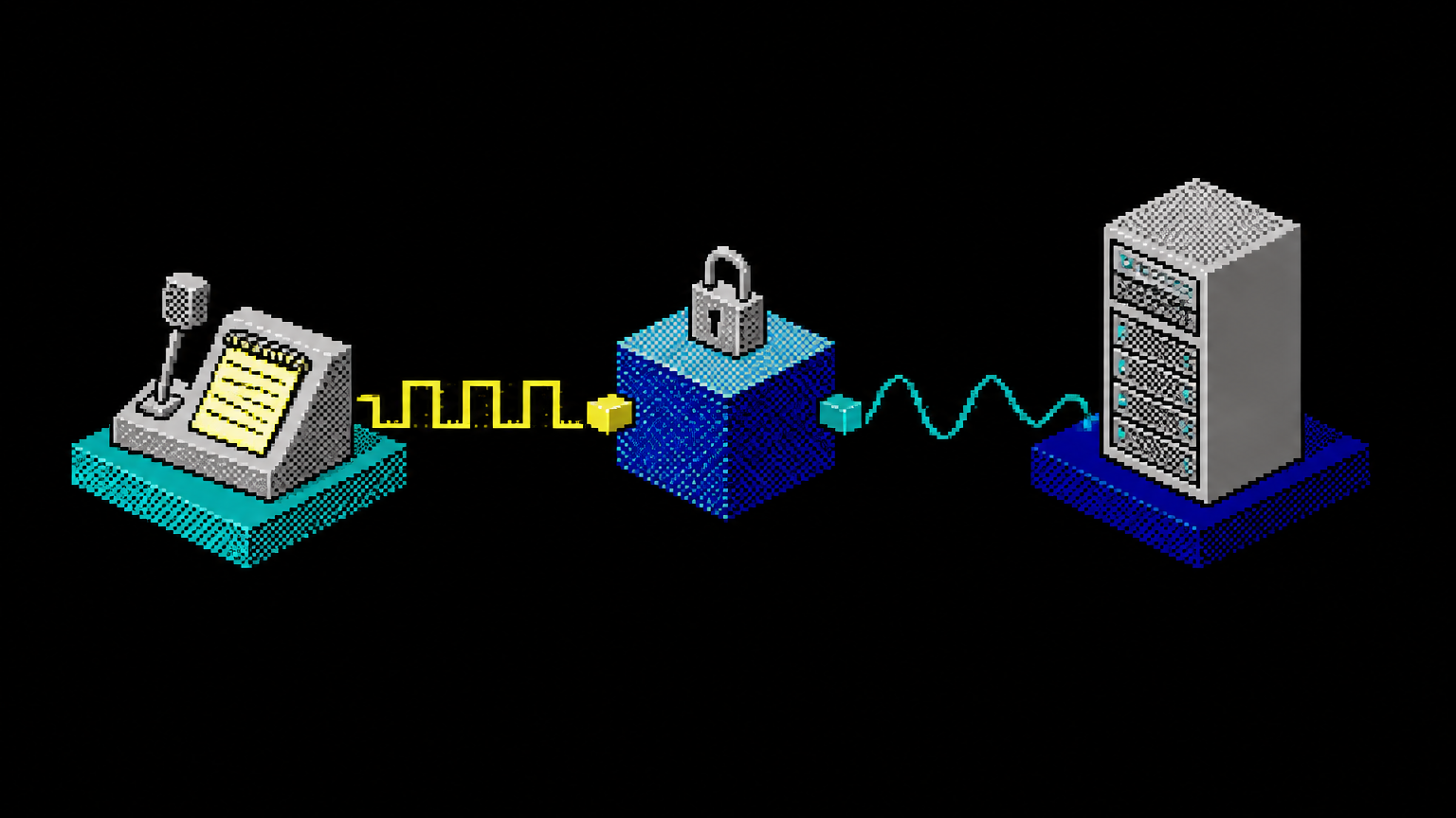 Pixelgrafik: Ein kleiner würfelförmiger Übersetzer mit Schloss zwischen einem Terminal und einem Serverturm