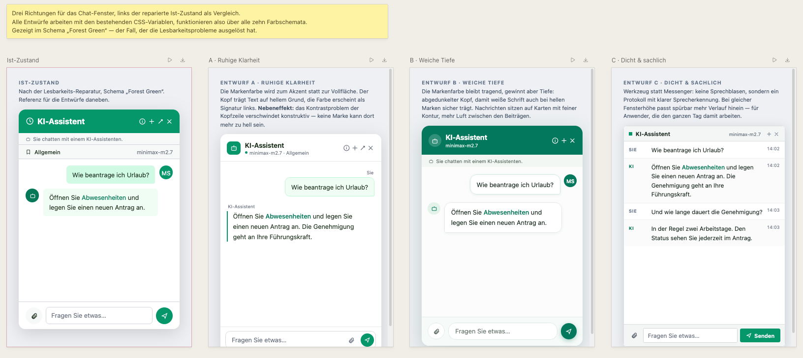Die Design-Canvas mit vier Entwürfen des Chatfensters nebeneinander