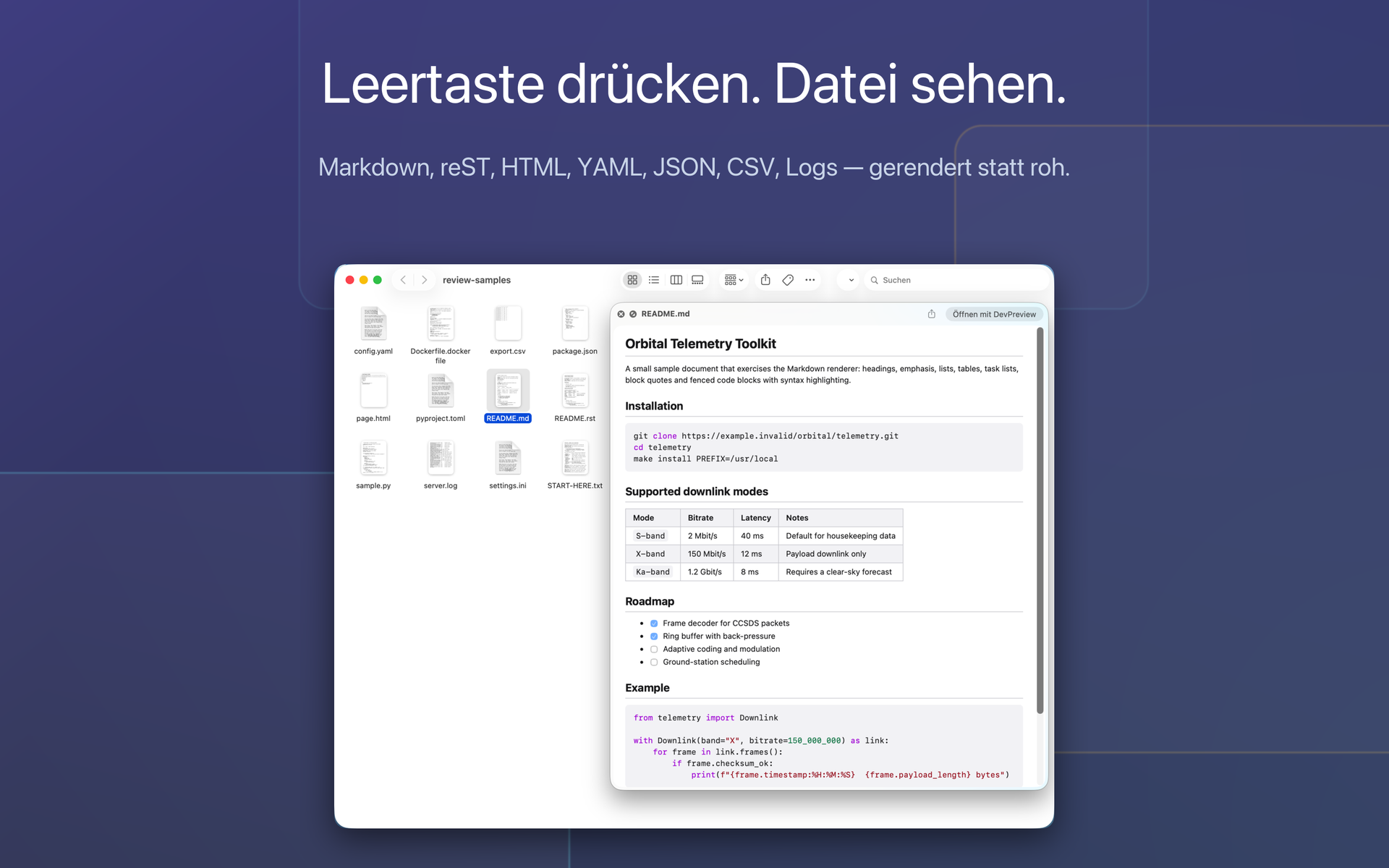 Quick-Look-Vorschau einer README-Datei im Finder, mit gerenderten Überschriften und farbig hervorgehobenem Quelltext