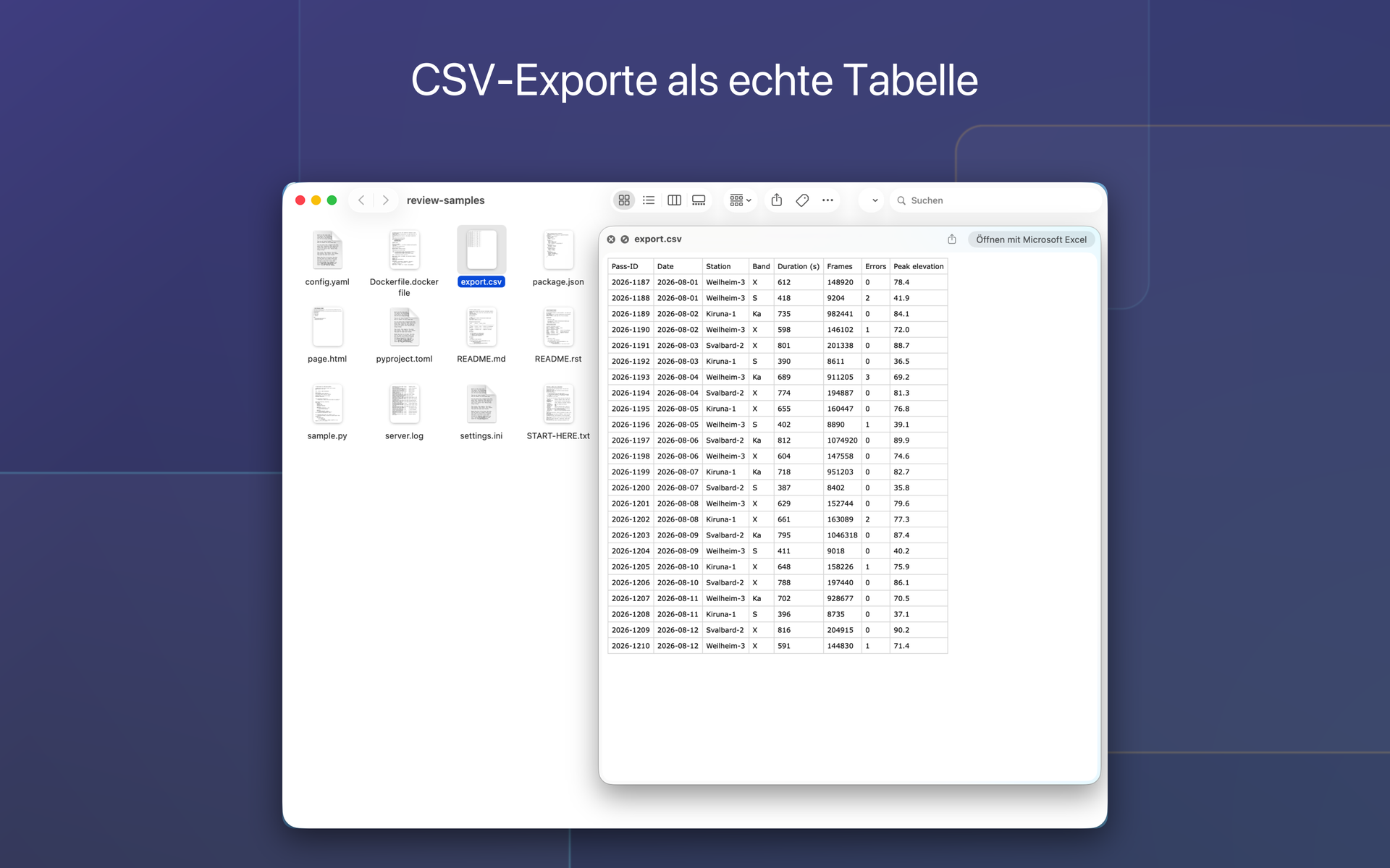 Eine CSV-Datei in der Quick-Look-Vorschau, dargestellt als saubere Tabelle mit Kopfzeile