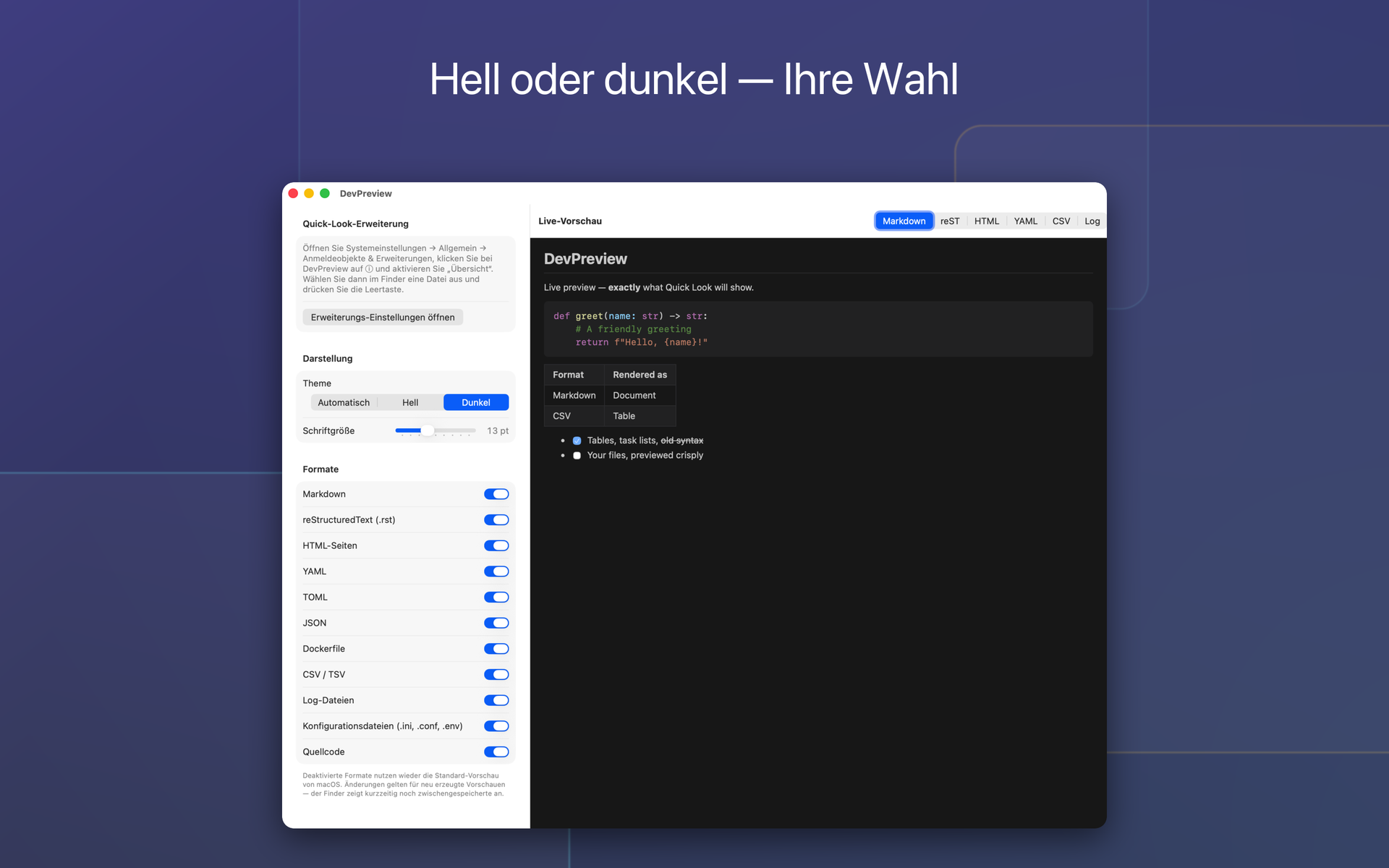 DevPreview im Dunkelmodus mit hervorgehobenem Quelltext